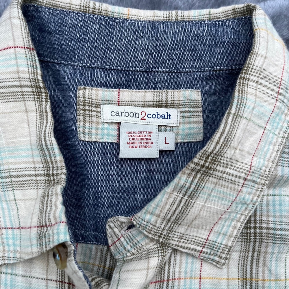Carbon 2 Cobalt Mens Plaid Cotton Button Down Shirt Large 133873 Cream Olive New